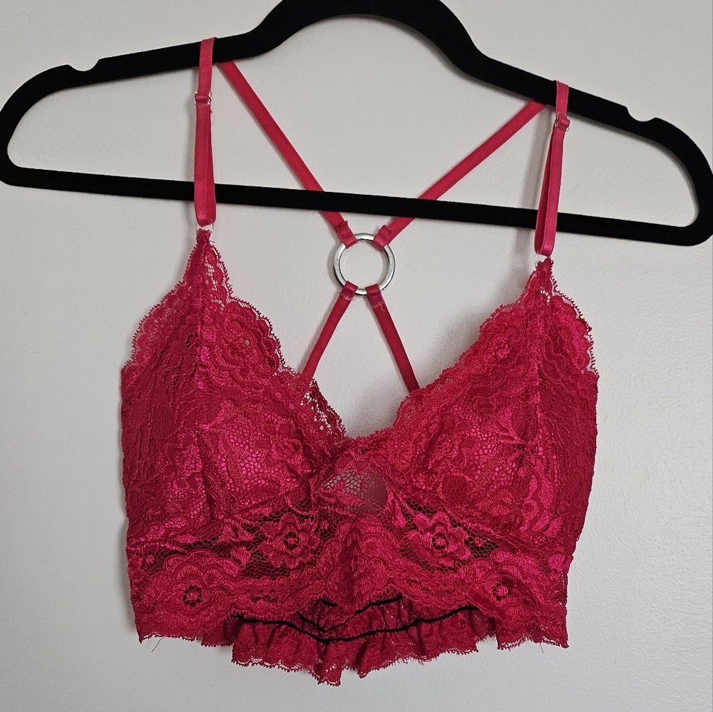 Rare JSG Gyaru Hot Pink Lace Raceback Bralette Top With Silver Rhinestone O Ring